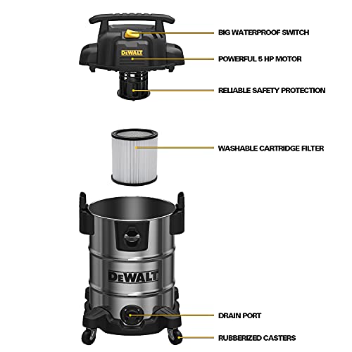 DEWALT DXV08S 8 Gallon Wet/Dry Vacuum, 4 Peak HP Shop Vacuum, Stainless Steel Tank