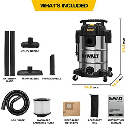 DEWALT DXV08S 8 Gallon Wet/Dry Vacuum, 4 Peak HP Shop Vacuum, Stainless Steel Tank