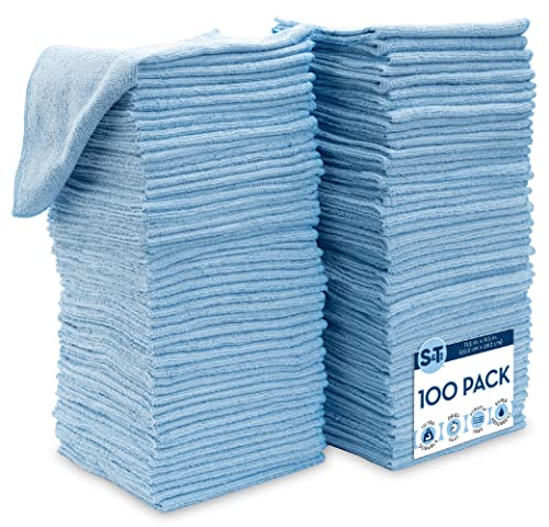 S&T INC. 100 Pack Microfiber Cleaning Cloth, Bulk Microfiber Towel for Home, Reusable Microfiber Towels for Cars, Light Blue, 11.5 in. x 11.5 in., 100 Count