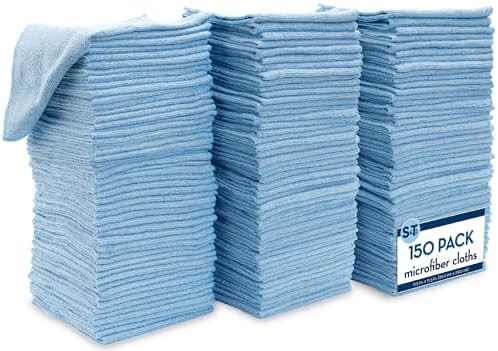 S&T INC. 100 Pack Microfiber Cleaning Cloth, Bulk Microfiber Towel for Home, Reusable Microfiber Towels for Cars, Light Blue, 11.5 in. x 11.5 in., 100 Count